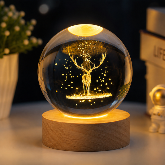 3D Crystal Ball Deer Lamp – LED Night Light with Wooden Base