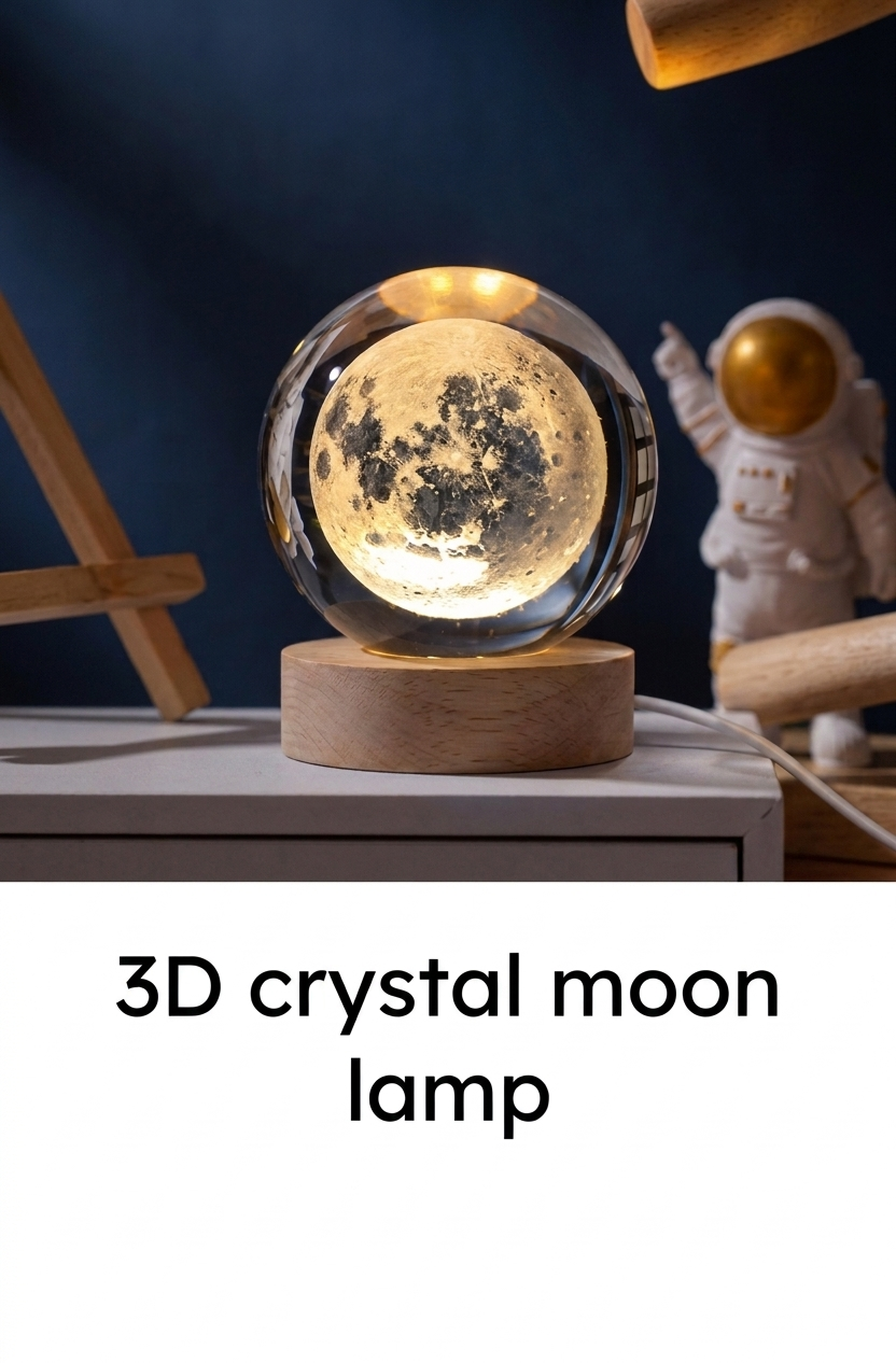 Premium 3D Crystal Moon Lamp with Wooden Base - Warm Glow Night Light