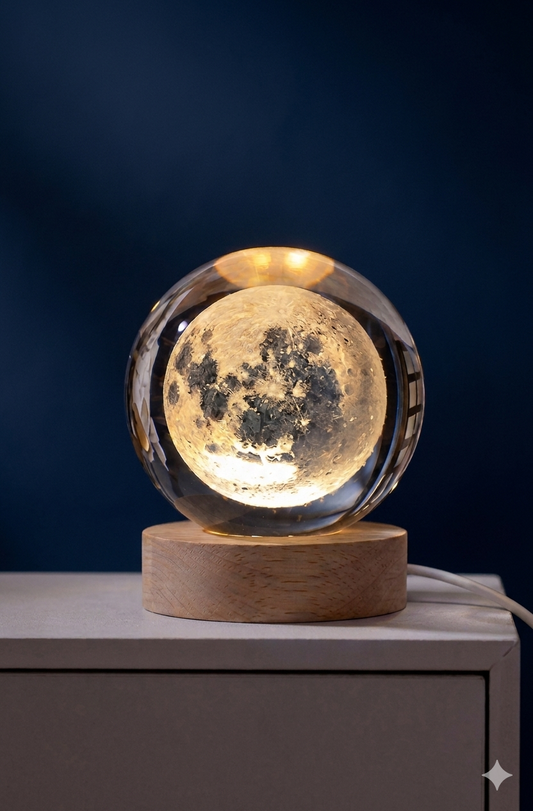 Premium 3D Crystal Moon Lamp with Wooden Base - Warm Glow Night Light