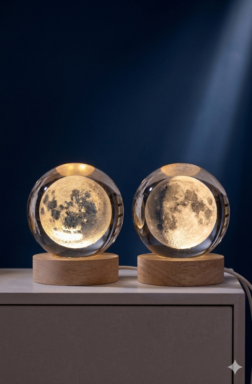 Premium 3D Crystal Moon Lamp with Wooden Base - Warm Glow Night Light