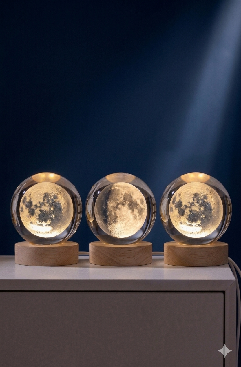 Premium 3D Crystal Moon Lamp with Wooden Base - Warm Glow Night Light