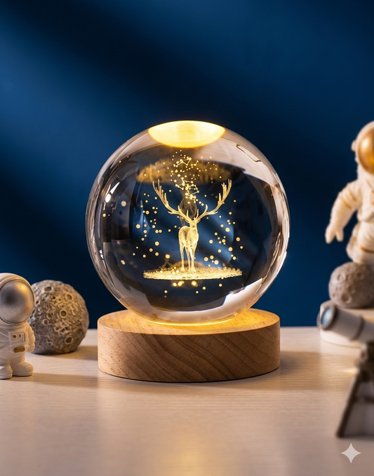 3D Crystal Ball Deer Lamp – LED Night Light with Wooden Base