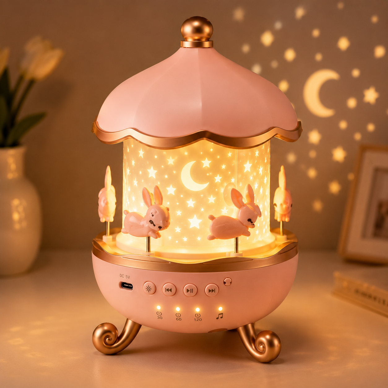 Premium 3D Rotating Rabbit Night Lamp & Magic Projector with Music