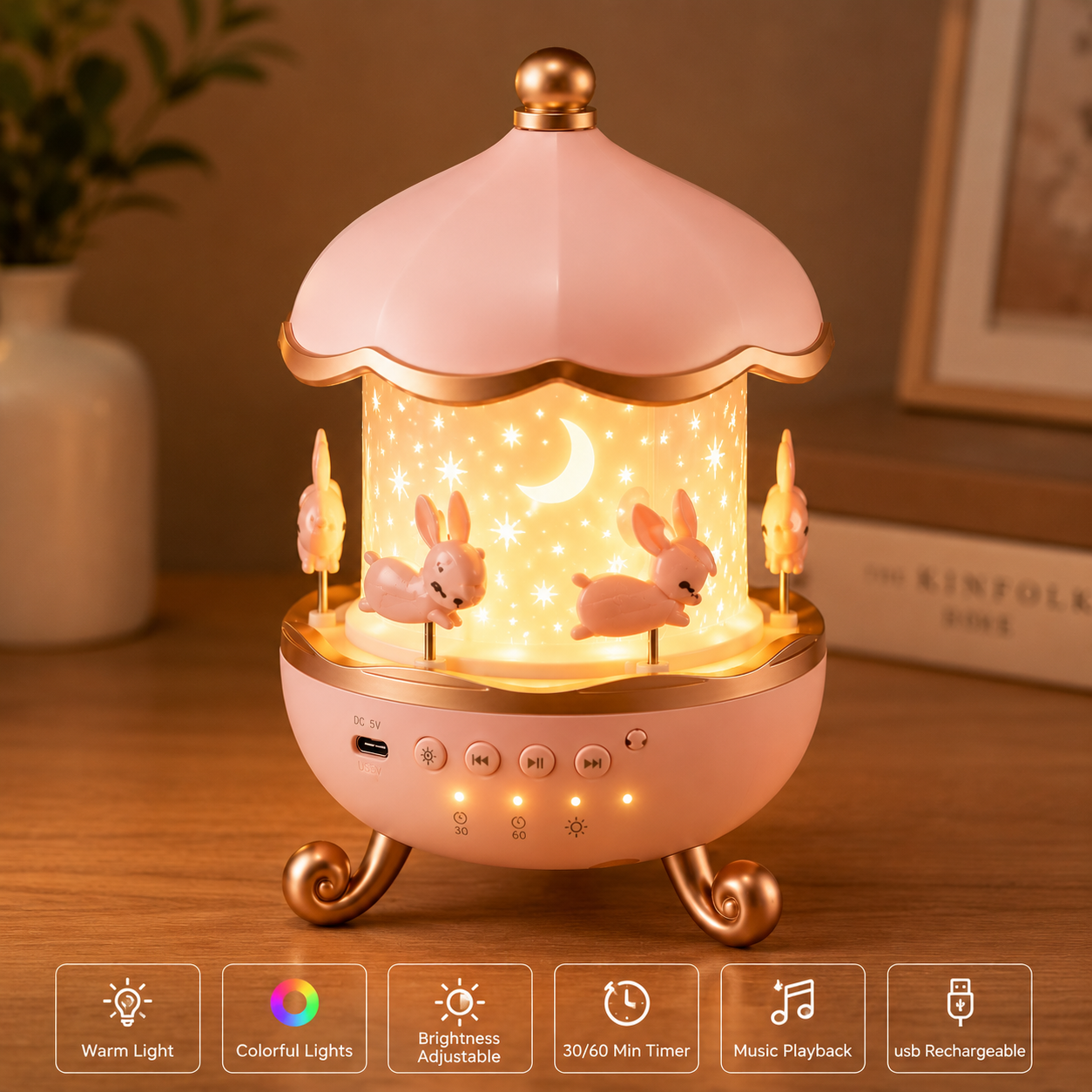Premium 3D Rotating Rabbit Night Lamp & Magic Projector with Music