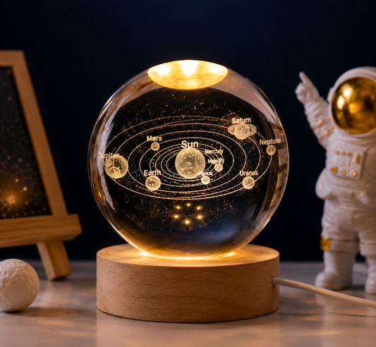 3D Galaxy Solar System Crystal Ball Night Lamp with Wooden Base & Astronaut Figures
