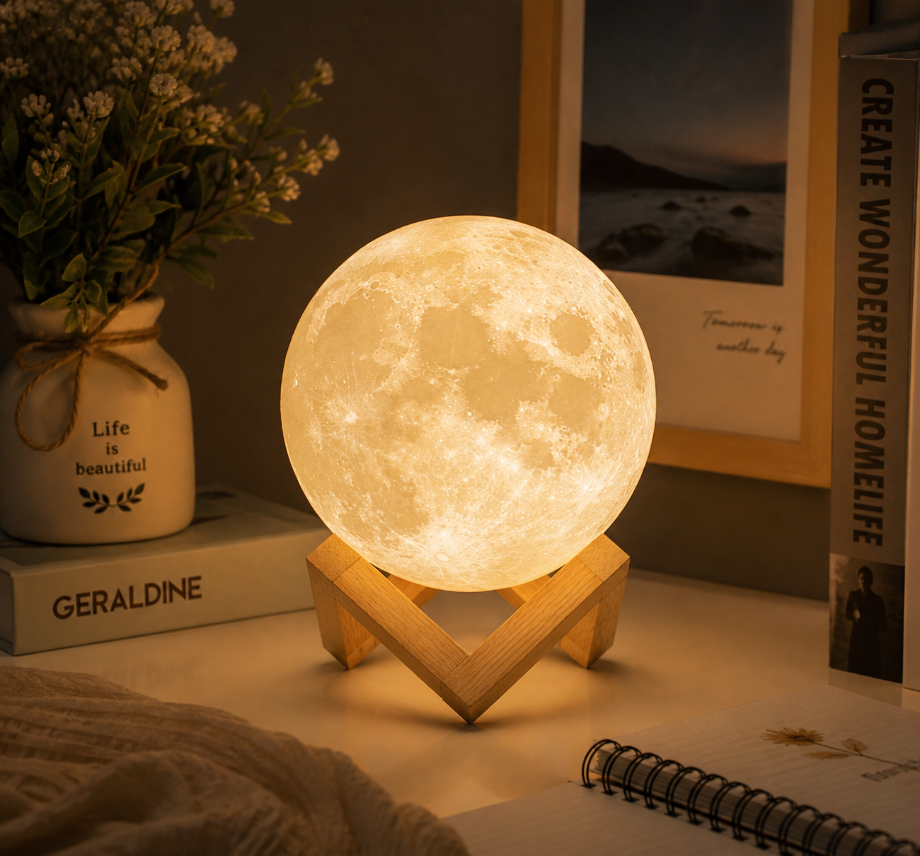 15cm 3D Moon Lamp - Rechargeable Night Light with Wooden Stand
