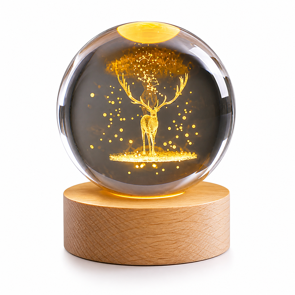 3D Crystal Ball Deer Lamp – LED Night Light with Wooden Base