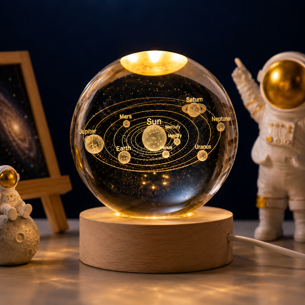 3D Galaxy Solar System Crystal Ball Night Lamp with Wooden Base & Astronaut Figures