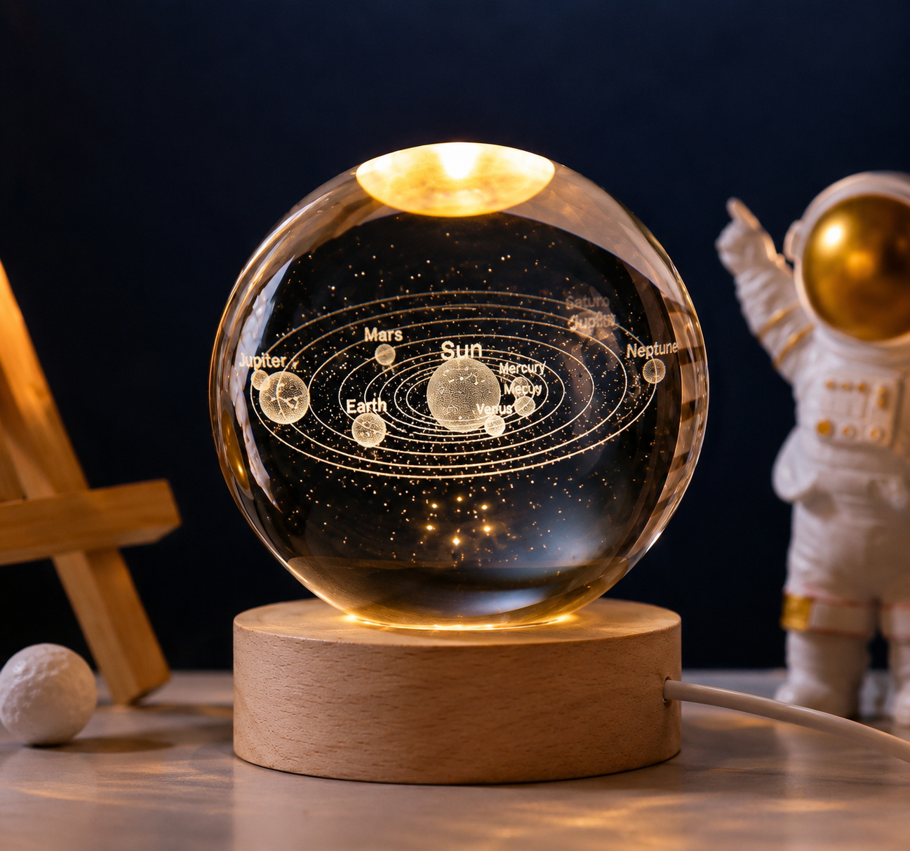 3D Galaxy Solar System Crystal Ball Night Lamp with Wooden Base & Astronaut Figures