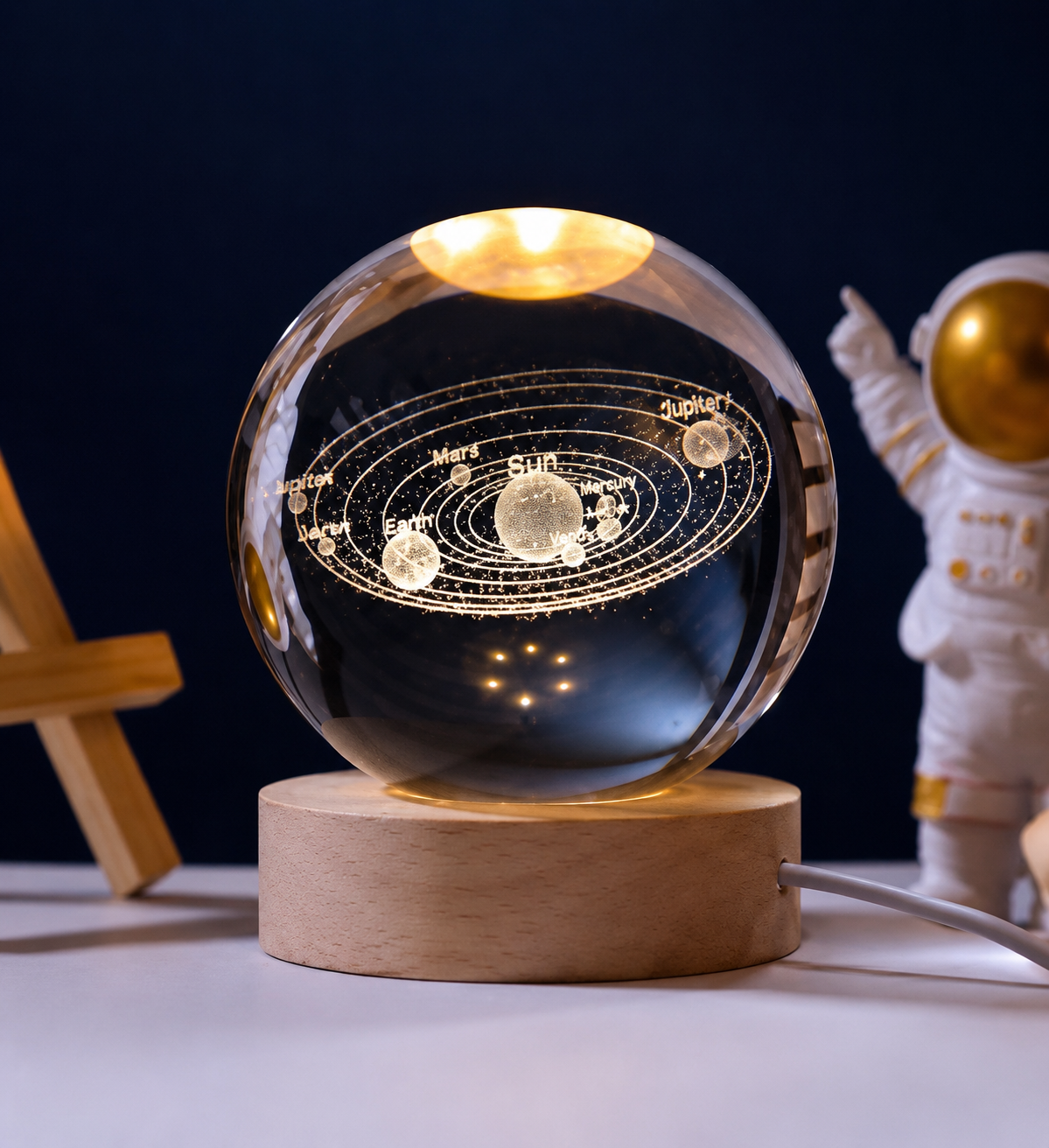 3D Galaxy Solar System Crystal Ball Night Lamp with Wooden Base & Astronaut Figures