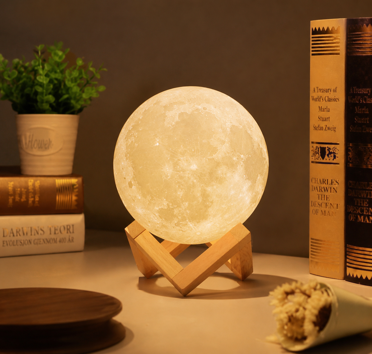 15cm 3D Moon Lamp - Rechargeable Night Light with Wooden Stand