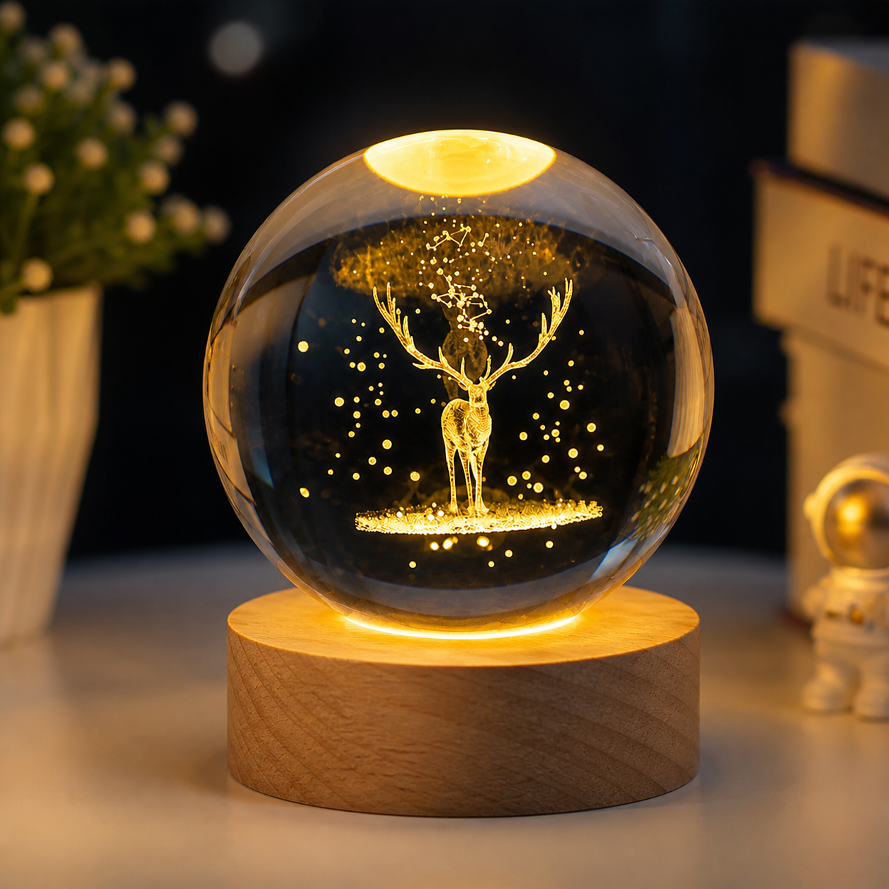3D Crystal Ball Deer Lamp – LED Night Light with Wooden Base