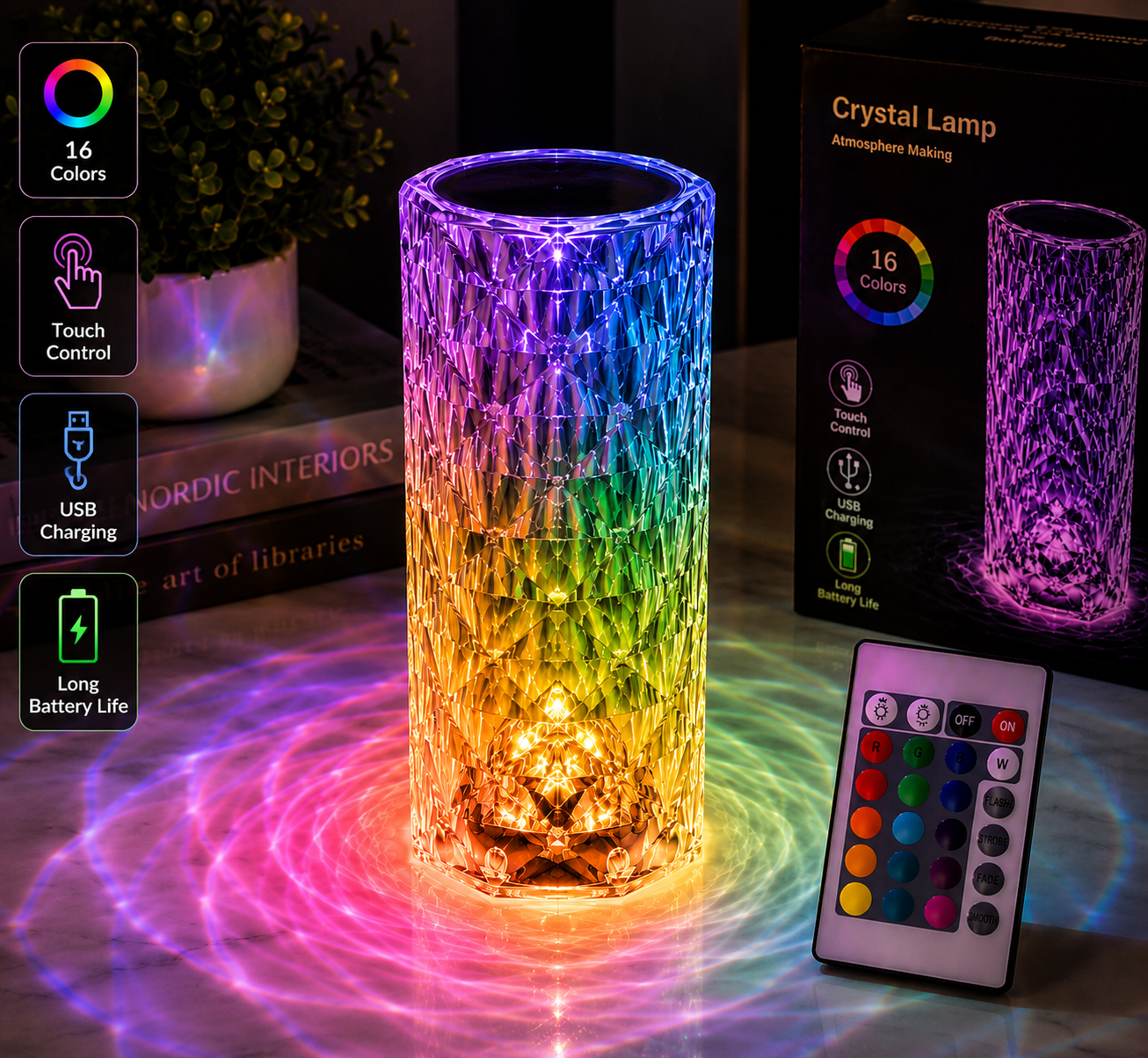 Aura Crystal™ 16 Color Diamond LED Lamp – Touch & Remote Control