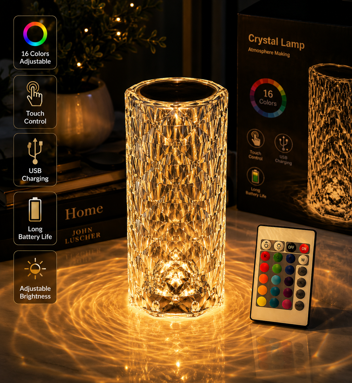 Aura Crystal™ 16 Color Diamond LED Lamp – Touch & Remote Control
